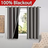 Flamingo P Full Blackout Grey Curtains Faux Silk Satin with Black Liner Thermal Insulated Window Treatment Panels, Grommet Top (52 x 63 Inch, Set of 2)