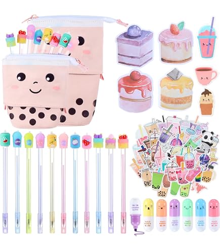 Dekiphox Peach Kawaii Schulbedarf-Set – Mit Stiften, Textmarkern, Notizbuch & Aufbewahrungsbox | Niedliches Geschenk Für Schüler