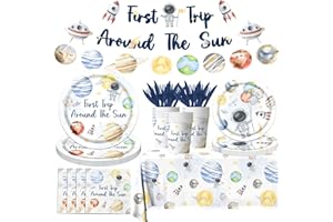 142Pcs First Trip Around The Sun Birthday Decorations Space Theme 1st Birthday Decorations with Plates Napkins Cups Tableclot