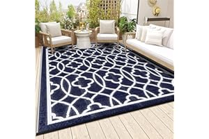 PENDOLR Outdoor Rugs 9x12 for Patios Clearance - Waterproof Reversible Indoor Outdoor Rugs Carpet, Portable Plastic Straw Rug for RV Camping, Picnic, Beach, Porch, Deck(01#,Navy&White)