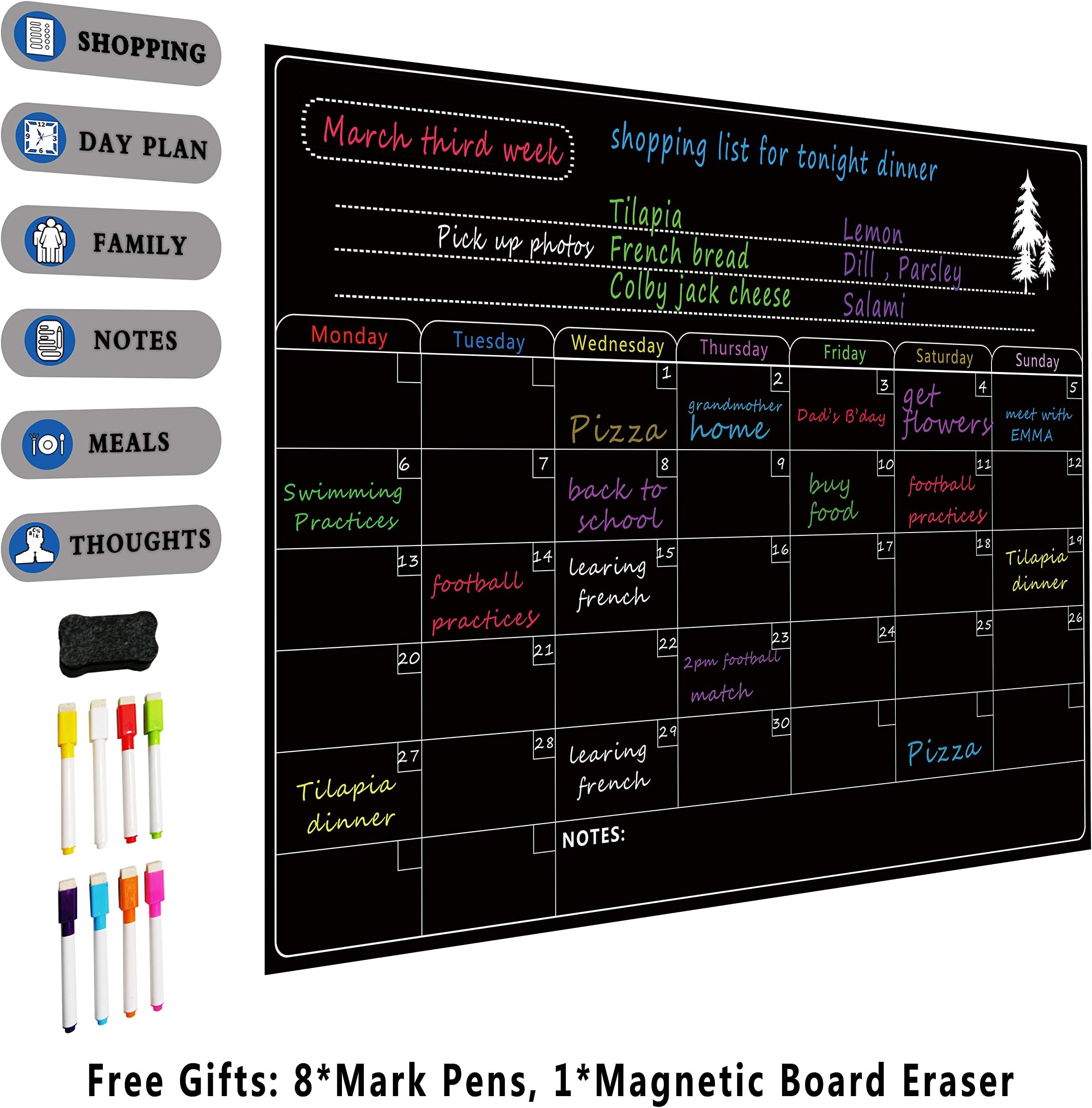 A3 Menu Board Fridge - Dry Erase Board for Fridge Calendar | Stylish Black Chalkboard Monthly Design Planner for Kitchen, Office & All Your Kids Activities