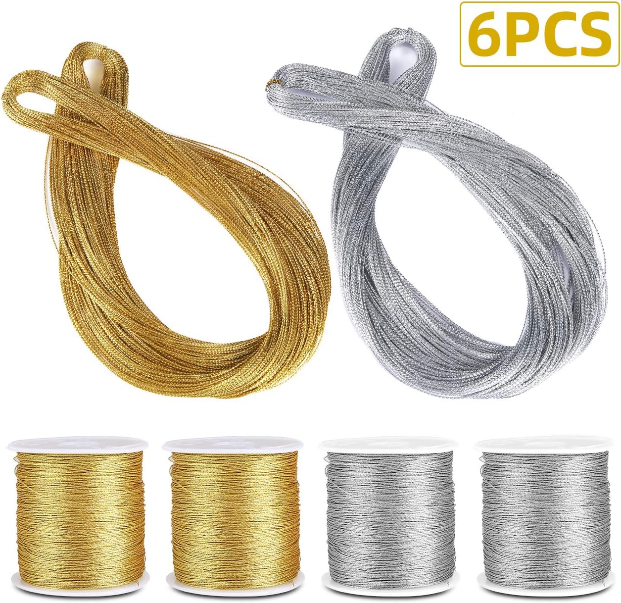 ZeeDix 525yd Set of 6 Gold and Sliver Tinsel Metallic Tinsel Cord Rope, Metallic Tinsel String Craft-Non Stretch DIY Jewelry Making Gift Wrap Ribbon Craft Making Cord Metallic Cord Tinsel String