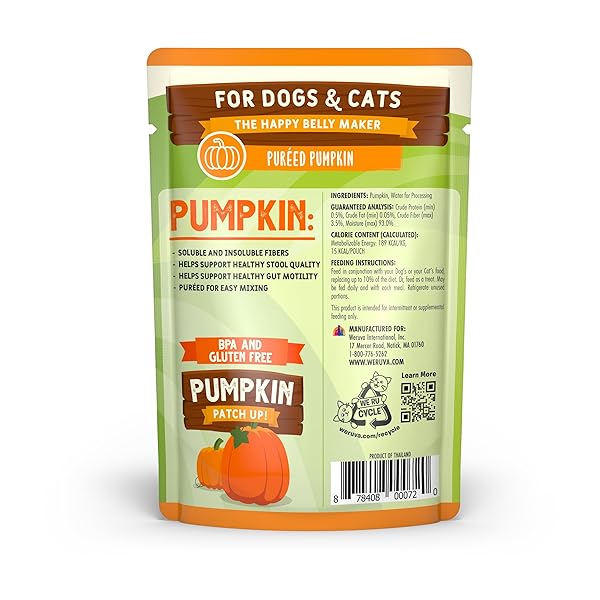 WERUVA PUMPKIN PATCH UP!, PUMPKIN PUREE PET FOOD SUPPLEMENT FOR DOGS & CATS, 2.80OZ POUCH (PACK OF 12)