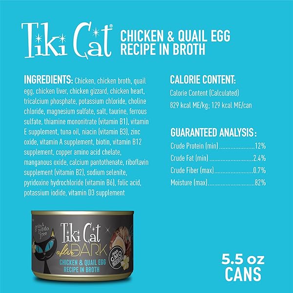 TIKI CAT AFTER DARK, CHICKEN & QUAIL EGG, HIGH-PROTEIN AND 100% NON-GMO INGREDIENTS, WET CAT FOOD FOR ADULT CATS, 5.5 OZ. CAN