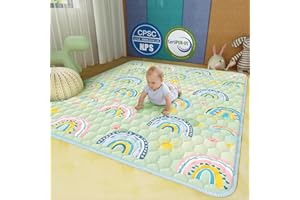 Genew Baby Play Mat for Floor, 71'' x 59'' Extra Large Playpen Mats Certified, Machine Washable, Anti-Slip, Thicker & Soft Cushioning Foam Crawling Floor Mat for Kids, Toddlers, Infants, Green Rainbow