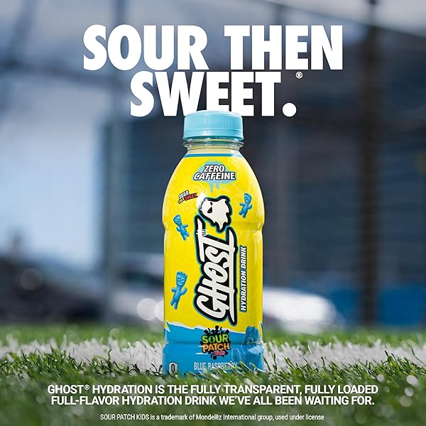 GHOST HYDRATION DRINK, SOUR PATCH KIDS BLUE RASPBERRY – RTD SPORTS DRINKS WITH ELECTROLYTES FOR HYDRATION – BEVERAGE FOR ATHLETES – ZERO CAFFEINE & ZERO SUGARS – 16.9 FL OZ, 12 PACK
