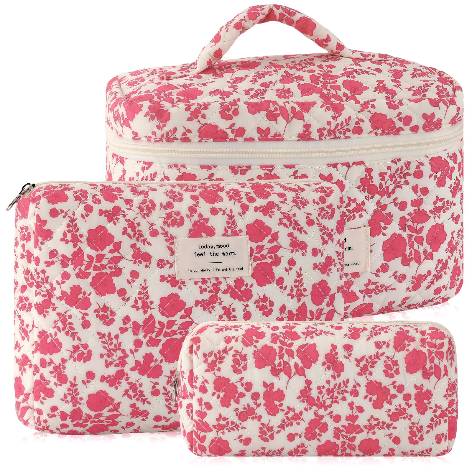 Photo 1 of URSKYTOUS 3Pcs Cotton Quilted Makeup Bag for Women Large Small Travel Cosmetic Bag Set Cute Pink Floral Print Makeup Pouch for Purse Portable Skincare Bags Coquette Vintage Puffy Travel Essential