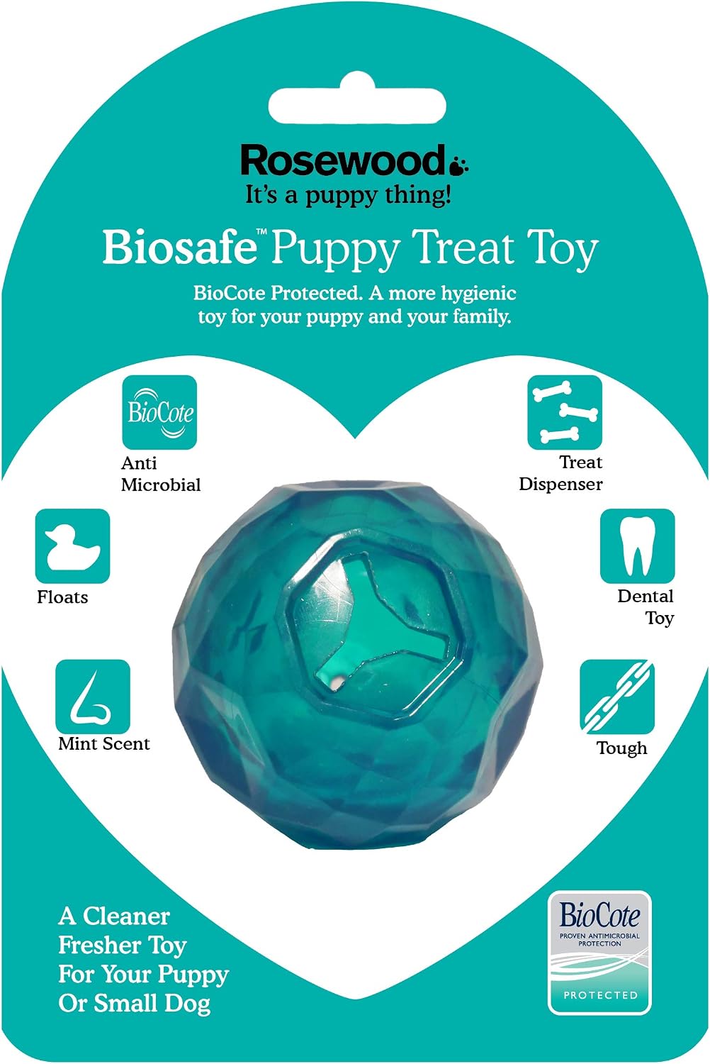 Rosewood BioSafe Treat Ball for Dogs and Puppies, Durable, Hygienic, Interactive Puppy Toy, Mint Scented, Antimicrobial