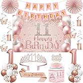 11th Birthday Decorations for Girls,32PCS 11th Birthday Party Decorations,Including Backdrop, Crown, Sash, banner, Hanging Swirl,Cake Topper,balloons, Anniversary Card and Paper Fans