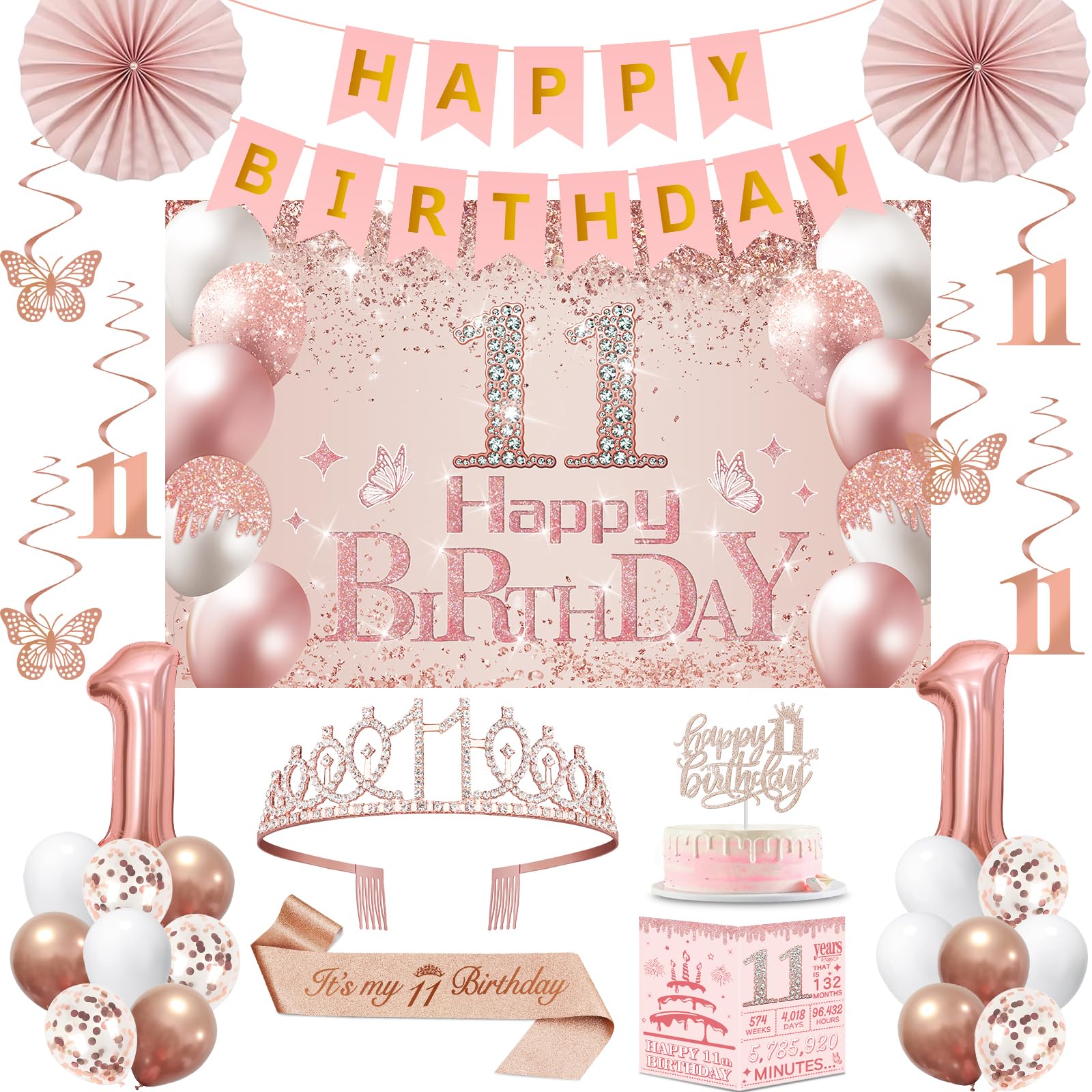 Photo 1 of 11th Birthday Decorations for Girls,32PCS 11th Birthday Party Decorations,Including Backdrop, Crown, Sash, banner, Hanging Swirl,Cake Topper,balloons, Anniversary Card and Paper Fans