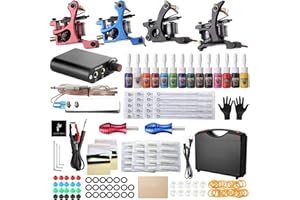 HAWINK Complete Tattoo Kit 4 Standard Tattoo Machines Power Supply 14 Color Tattoo Inks Needles Tips Grips with Carry Case TK