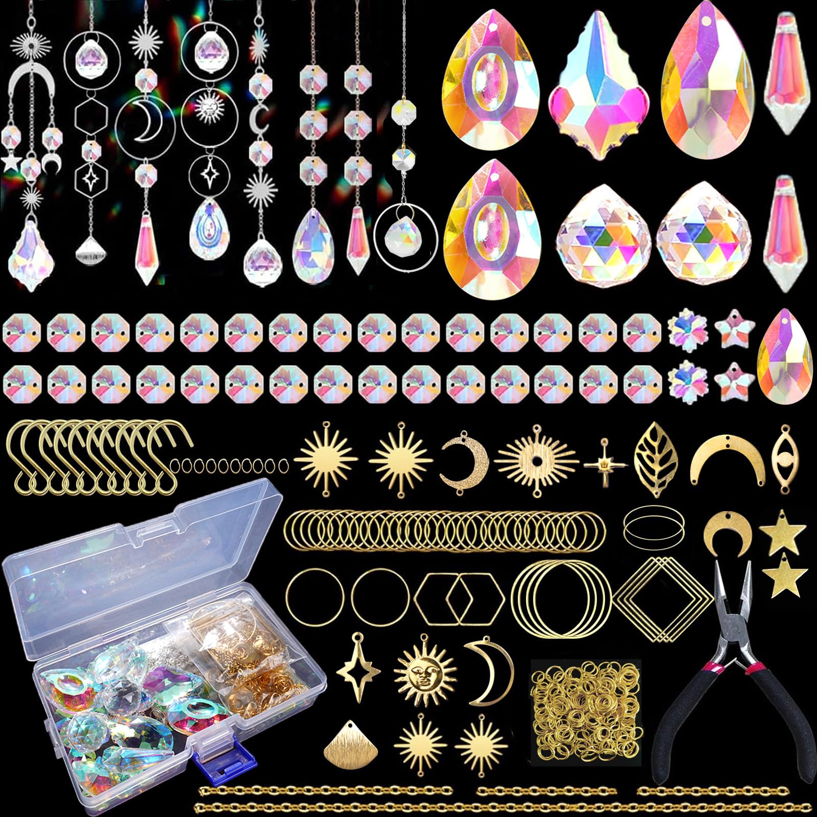 Luzoybo 240PCS DIY Sun Catchers Making Kits for Adults, Crystal Suncatchers Kit with Colourful Prism Pearl Rainbow Maker for Windows, Hanging, Indoor, Outdoor, Garden Decor (Gold)