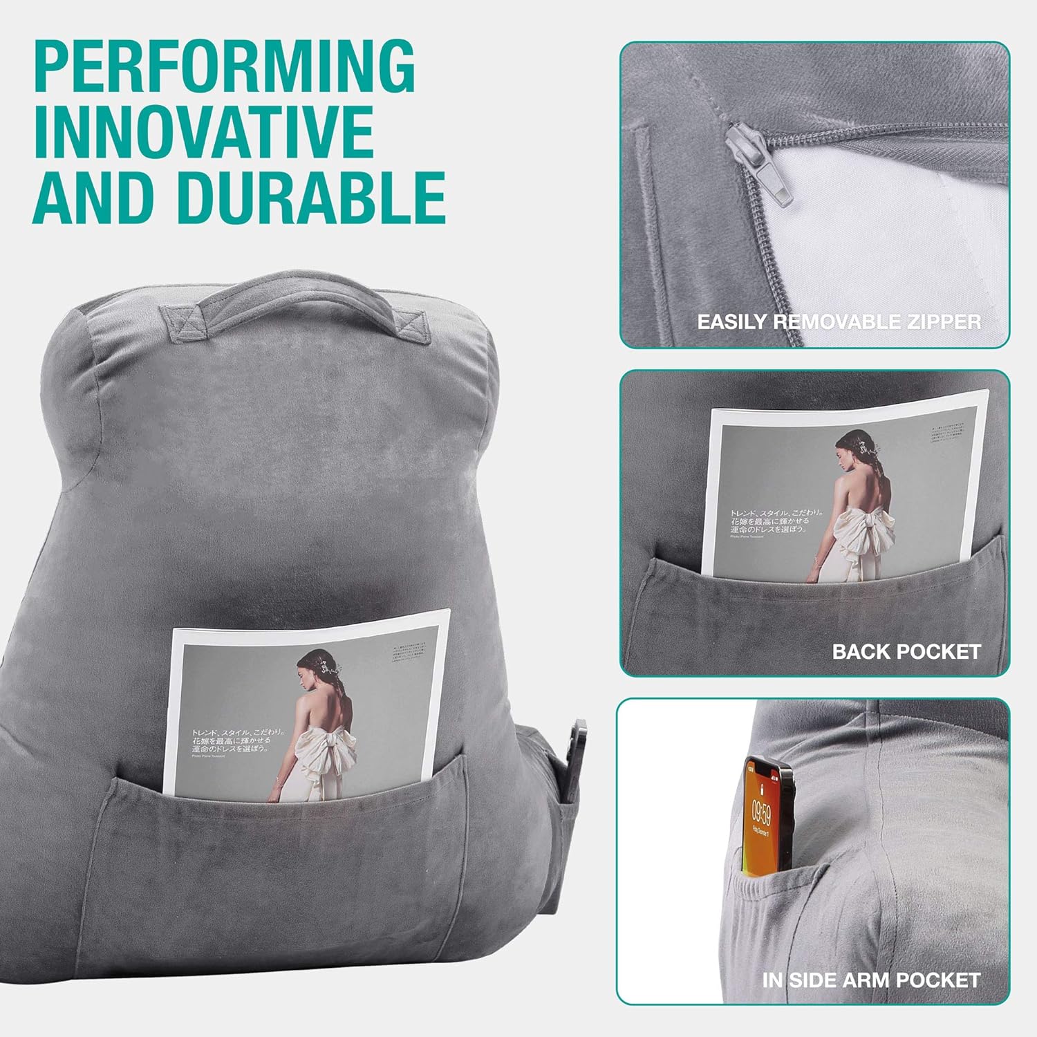 Vekkia Premium Soft Reading & Bed Rest Pillow, Ergonomic Design, Integrated Style. Perfect Neck/Back Support for Kids Reading/Watching TV/Sitting in Bed - Extra Foams Incl. Large- 18': Home & Kitchen