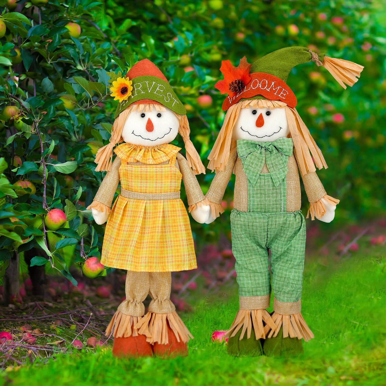 Garden Sculptures & Statues - 20 Inches Height Thanksgiving Scarecrow Standing Fall Scarecrow Boy and Girl Set Decoration Rustic Happy Harvest Scarecrow Autumn Statue Decoration for Garden Outdoor Home Yard Porch Decor (Vintage)