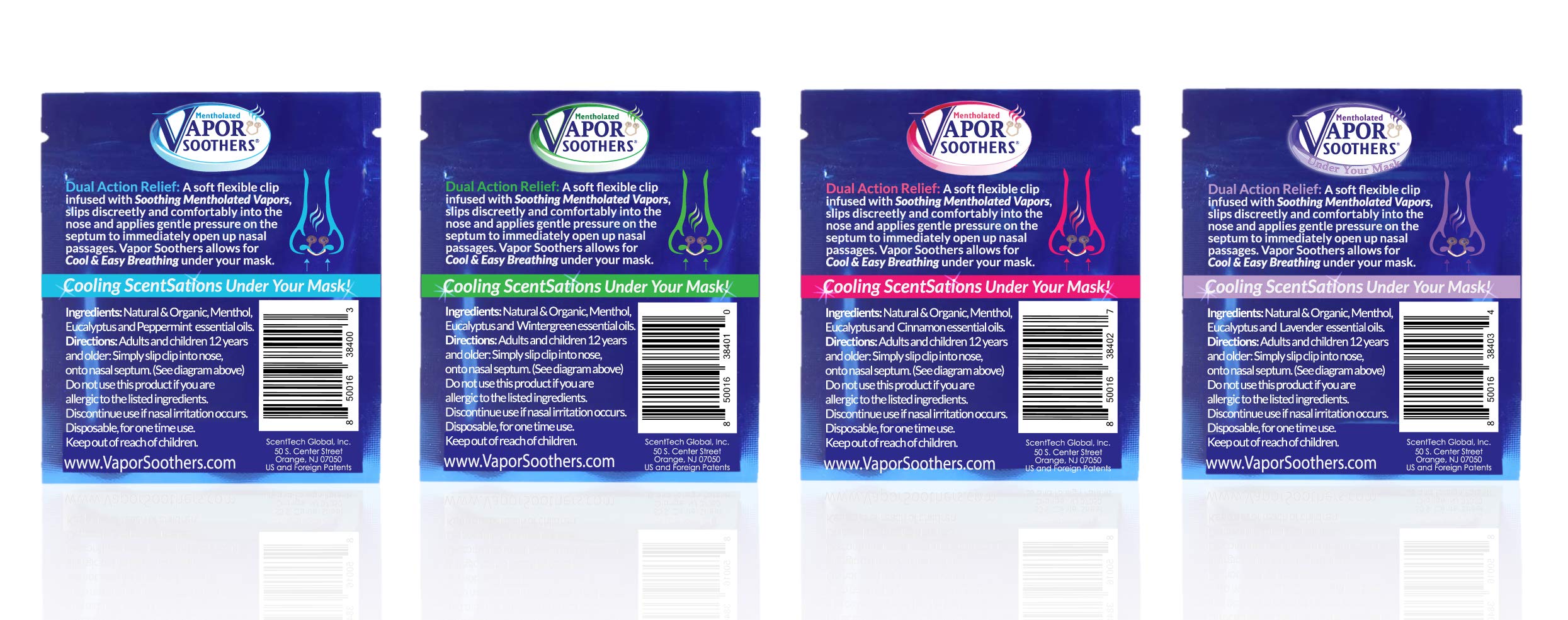 Nasal Dilator Clips, Cool & Easy Breathing Under Your Mask, 4-Scent Variety Pack (Peppermint, Wintergreen, Cinnamon, Lavender), 8 Count, Instant Nasal Congestion Relief, Drug-Free