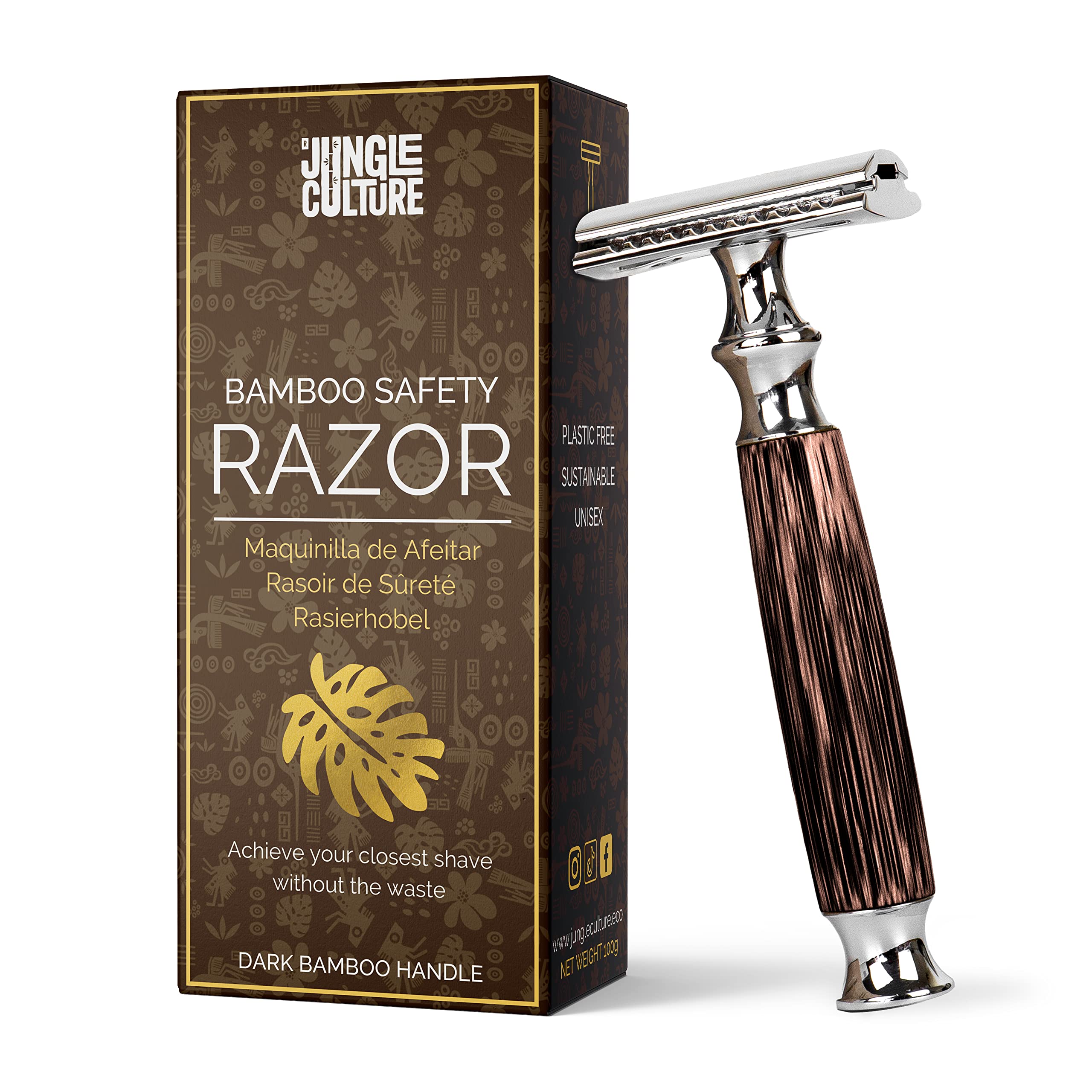 Jungle Culture Bamboo Safety Razor • Premium Eco Friendly Razor • Fits Double Edge Blades • Single Blade Reusable • Plastic Free & Zero Waste Shaving • Dark Wood - Thick • Unisex Adults
