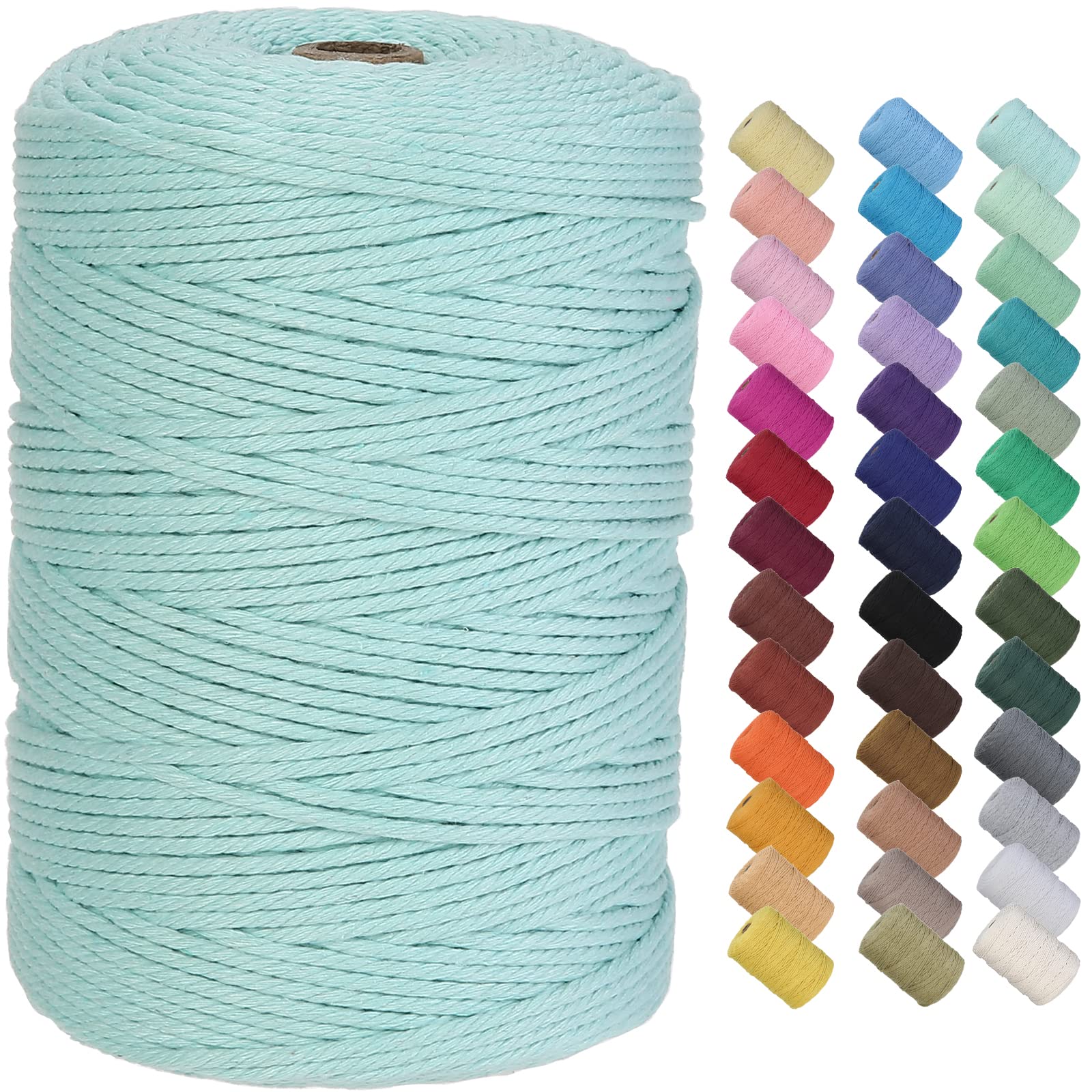 GOHOF Macrame Cord 3mm x 300m Premium Cotton Macrame Rope, 4 Strand Twisted Soft Cotton Cord, One of The Most Perfect Materials for Macrame Art, Cotton String Without Chemicals (Cyan)
