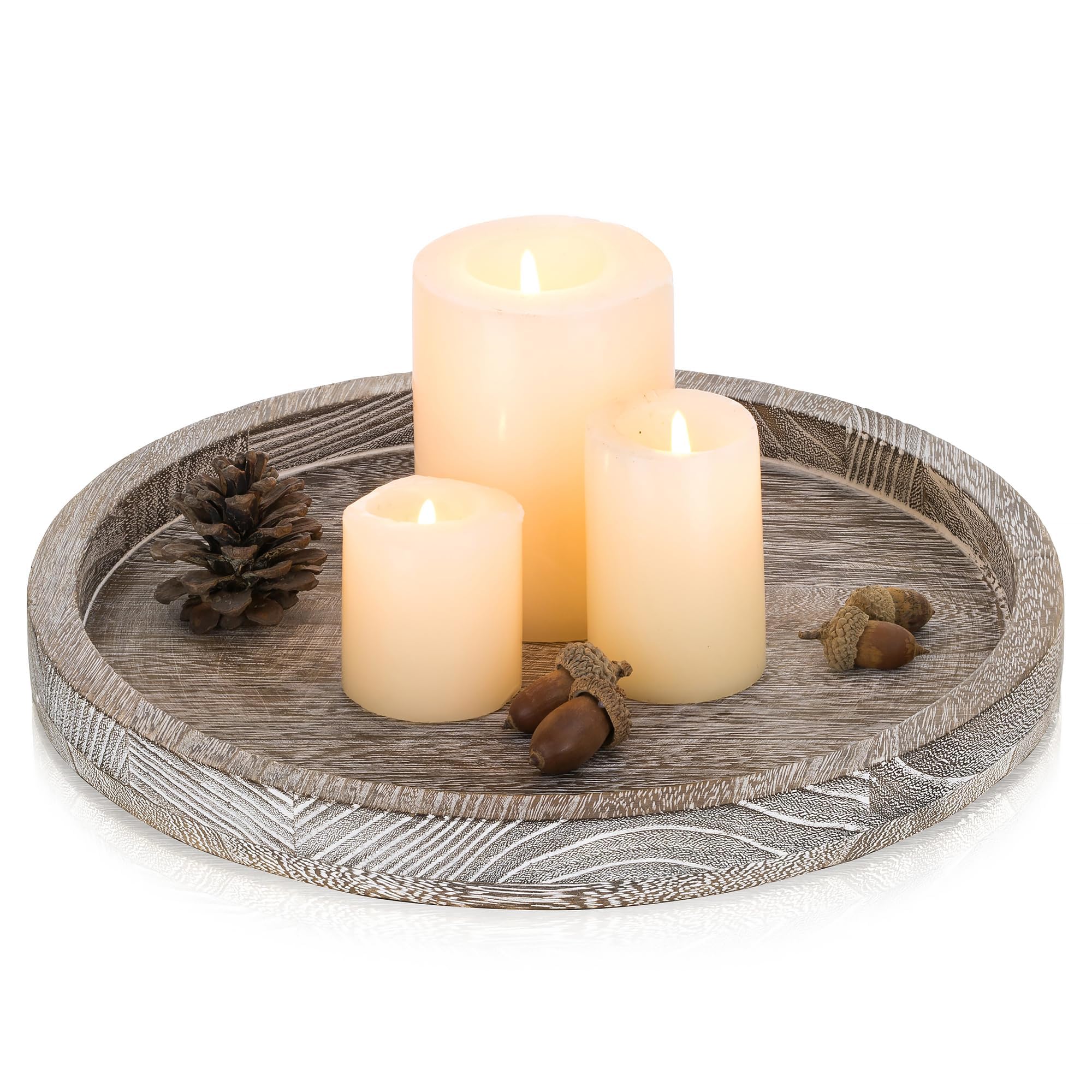 Rustic Round Wooden Decorative Tray：Romadedi White Wash Candle Tray for Pillar Candles Farmhouse Wood Serving Tray for Table Centrepiece Kitchen Countertop Home Decor，30cm