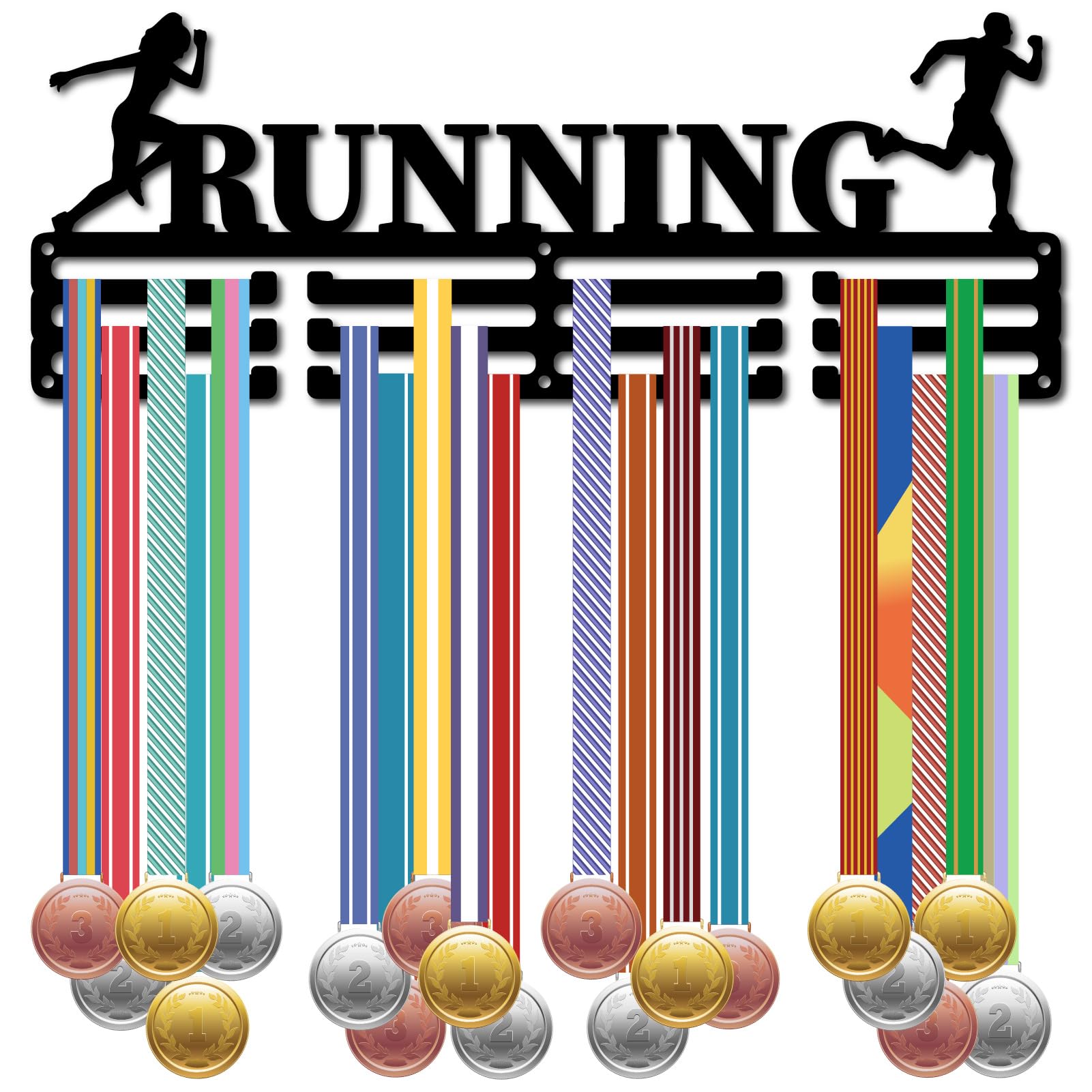 CREATCABIN Running Medal Hangers Medal Holders Display Metal Medal Wall Rack Organizer Plaques Hanger Wall Mounted with 12 Hooks Black Medal Frame Shelf for Awards Ribbons Sports Race 15.7 x 6Inch