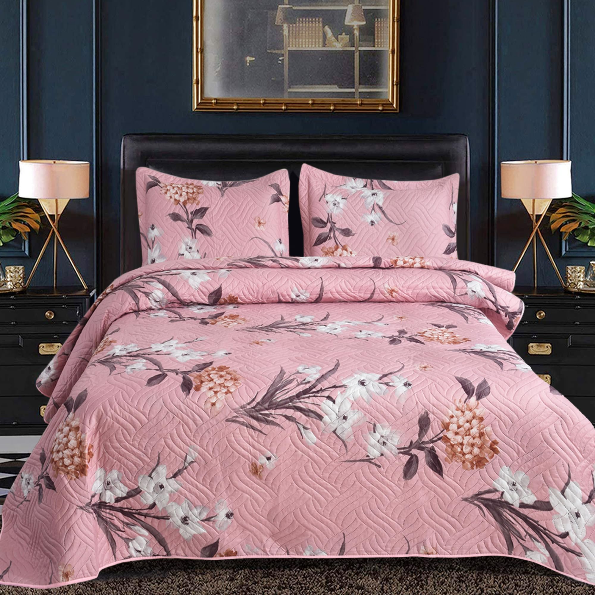 Hadi London 3Pcs Patchwork Quilted Bedspreads with 2 Shams | Reversible Floral Print | Lightweight Quilt Comfort | Fits Double and King Size Beds 220x240cm | 30 Unique Designs (MILAN-111)