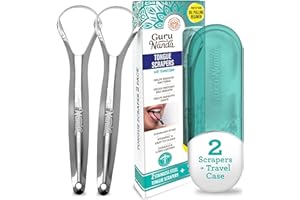 GuruNanda Tongue Scraper for Adults (2 Pack) with Travel Case, 420 Medical-Grade 100% Stainless Steel Tongue Cleaner, Aids in Fresh Breath & Oral Care