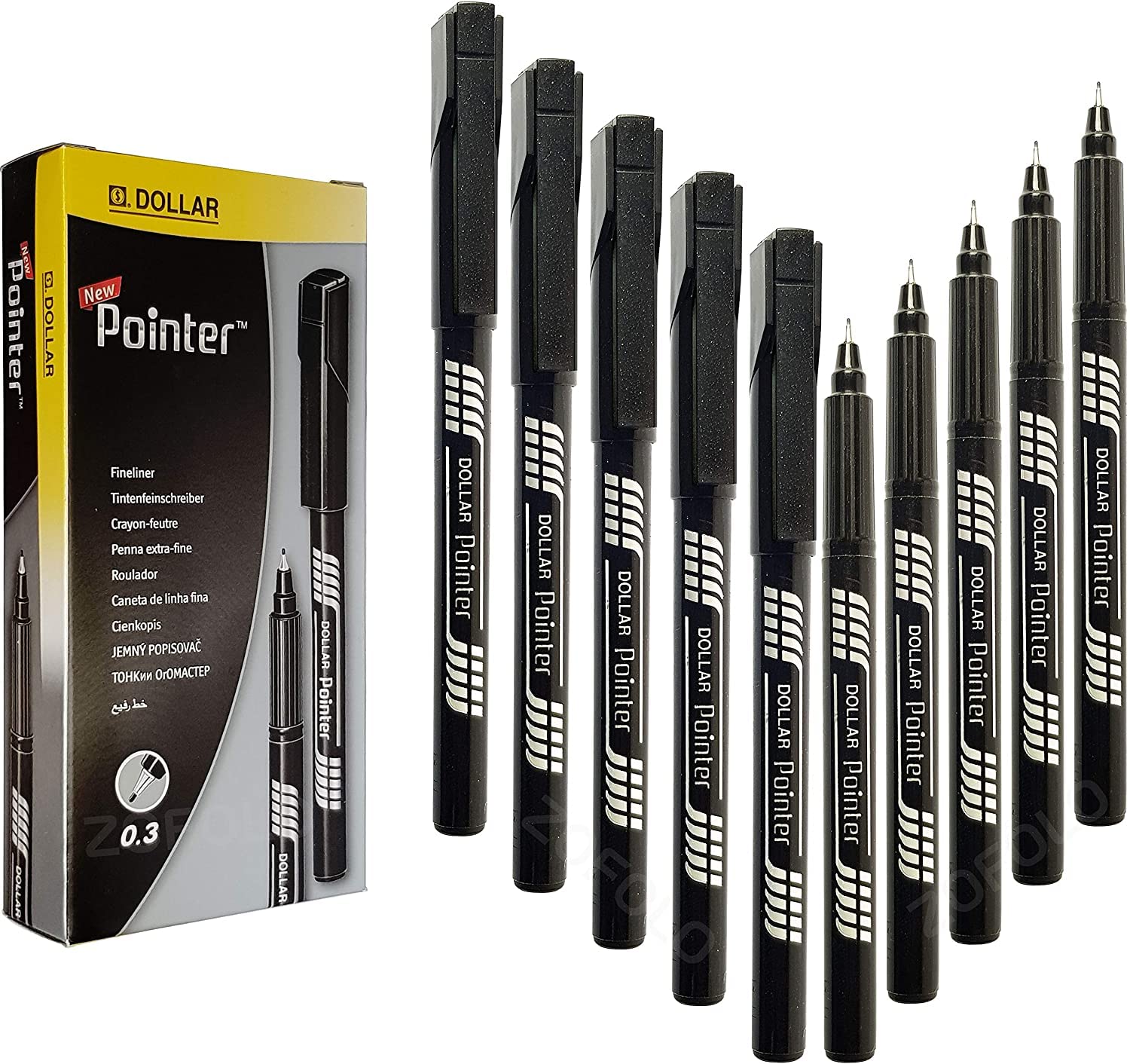 DOLLAR Fineliner Pens, BLACK, 0.3mm Ultra Fine Felt Tip, Pack of 10, Precise Writing, Write Draw Sketch Colour Mark Fine Line Pens