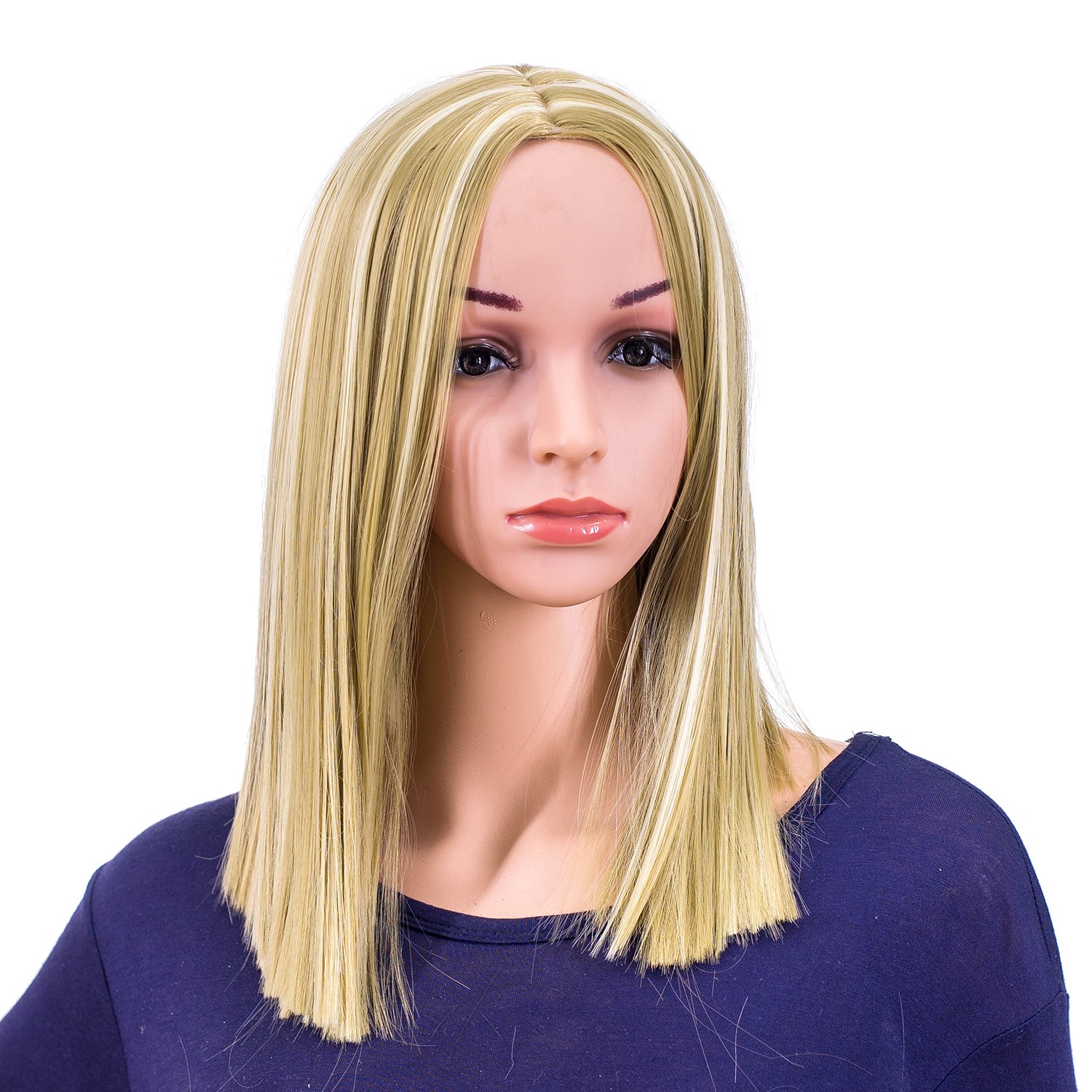 Sponsored Ad - SWACC 14-Inch Short Straight Middle Part Hair Wig Medium Length Synthetic Heat Resistant Wigs for Women with Wig Cap (Dirty Blonde Highlights)
