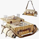 Multifunctional Wicker Picnic Basket Set for 2 Adults with Picnic Table and Blankets,Large Insulated Picnic Set with Wine Pouch and Full Tablewares for Camping Outdoor Couples Natural Beach Wedding