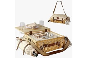 ORGANATUREQUEEN Multifunctional Wicker Picnic Basket Set for 2 Adults with Picnic Table and Blankets,Large Insulated Picnic Set with Wine Pouch and Full Tablewares for Camping Outdoor Couples Natural Beach Wedding