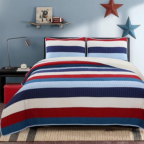 Amazon Com Cozy Line Home Fashions Aaron Bedding Quilt Set Nautical Navy Blue Red Off White Striped Printed 100 Cotton Reversible Coverlet Bedspread Bedding Set National Stripe Queen 3 Piece Home Kitchen