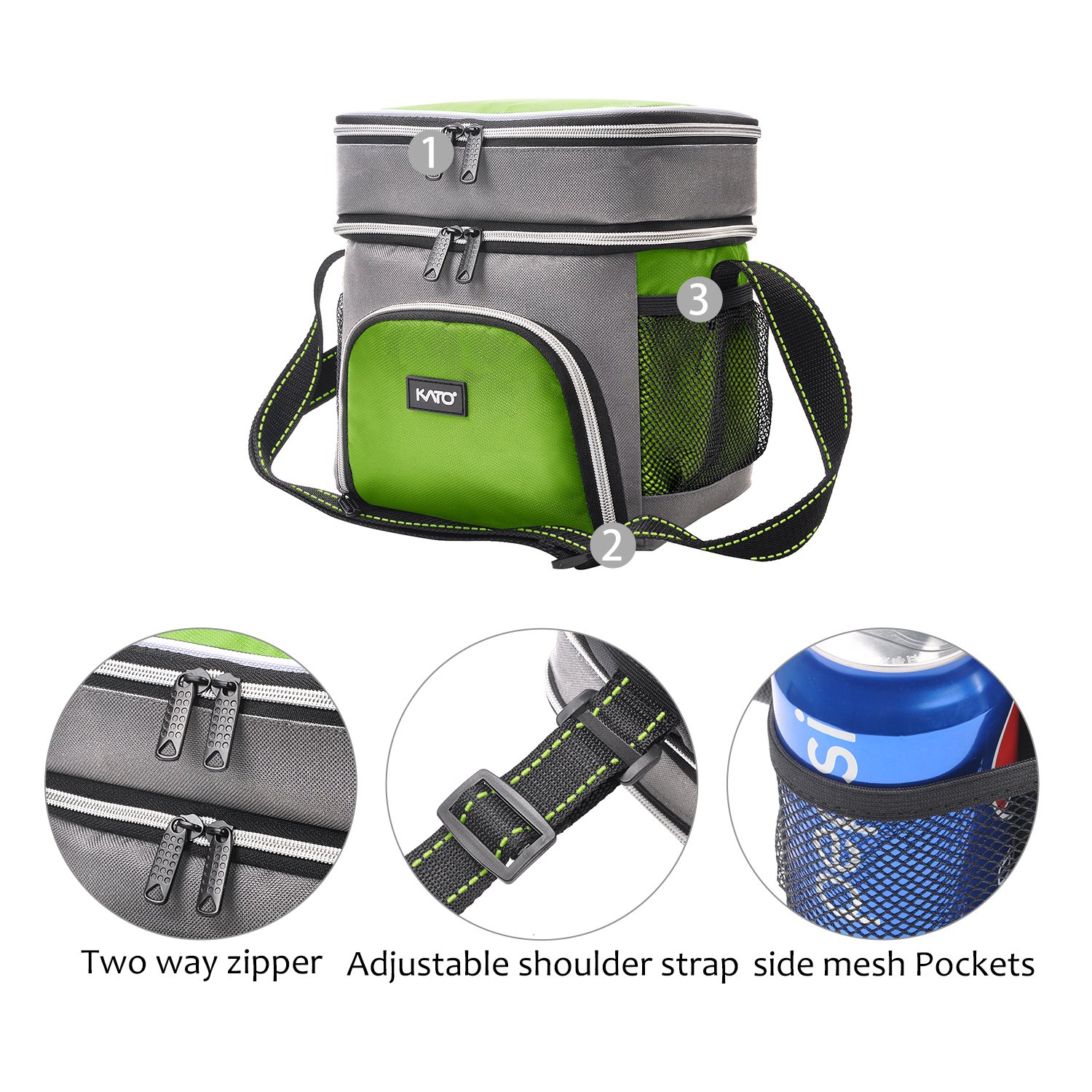 Insulated Small Lunch Bag, Leakproof Dual Compartment Thermal Cooler Reusable Lunch Tote for Men and Women by Kato, Green