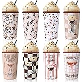 SiliFine 8 Pcs Reusable Sleeves for Iced Coffee Cup Pink Bow Cup Coolie Espresso Martini Reusable Coffee Insulator Sleeves Neoprene Insulated Holder for Iced & Hot Drinks, 22-24 oz