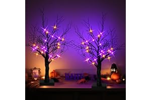 TW SHINE 2 Pack 20 Inch Halloween Lighted Birches Tree, Battery Operated 24 LED Artificial Black Spooky Tree with Timer, Halloween Decorations for Indoor Home Party Tabletop Decor, Purple & Orange