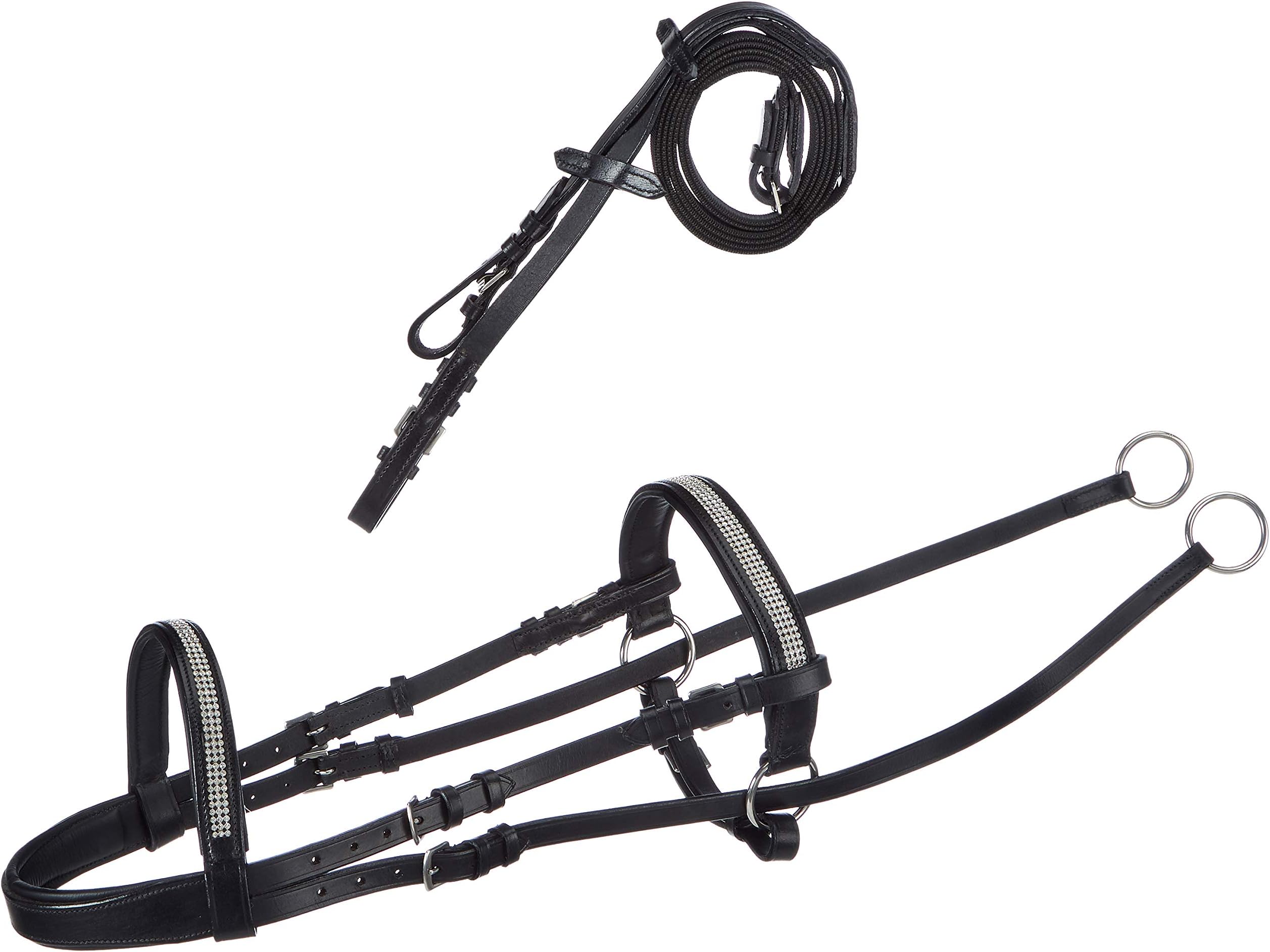 New Crystal Detail Cross Over Bitless Leather Bridle web grip reins BLACK/BROWN Choice of Sizes
