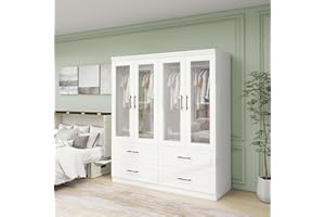 LivelyLodge 71" High Wood Closet Wardrobe with 4 Drawers for Bedroom, 4 Doors Armoire Wardrobe Closet with Hanging Rods