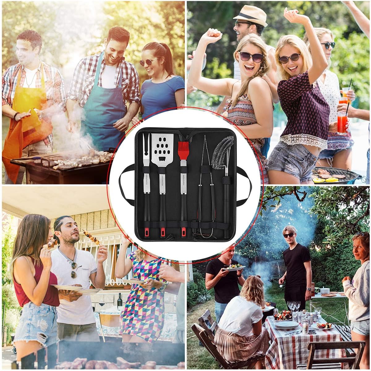 Homemaxs Grill Tools, BBQ Tools Set 5pcs with Case for Men, Stainless Steel Heavy Duty Barbecue Grilling Accessories Utensils Kit with Tong, Grill Cleaning Brush, Spatula, Fork, Basting Brush : Garden & Outdoor