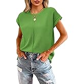 Women Summer Casual Cap Sleeve Tank Tops Short Sleeve Waffle Knit Sweater Vest Oversized Crewneck Tee Shirt Green