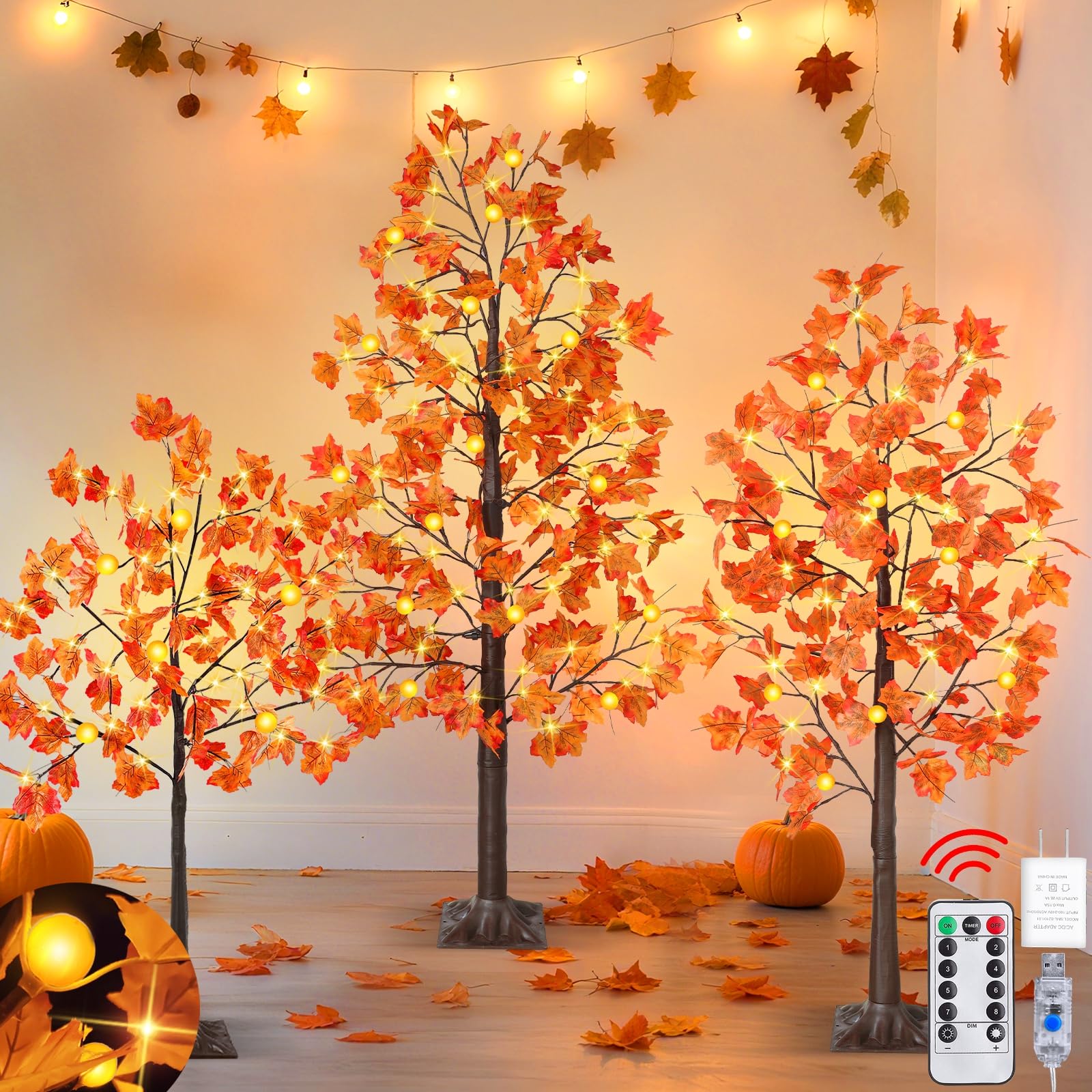 Photo 1 of 8 Modes & Remote - 3 Pack Lighted Fall Tree (4FT, 5FT, 6FT) with 240 Warm White LED Lights, Timer/USB Plug, Fall Decorations for Home Maples Tree for Autumn Thanksgiving Decor Party Indoor Outdoor