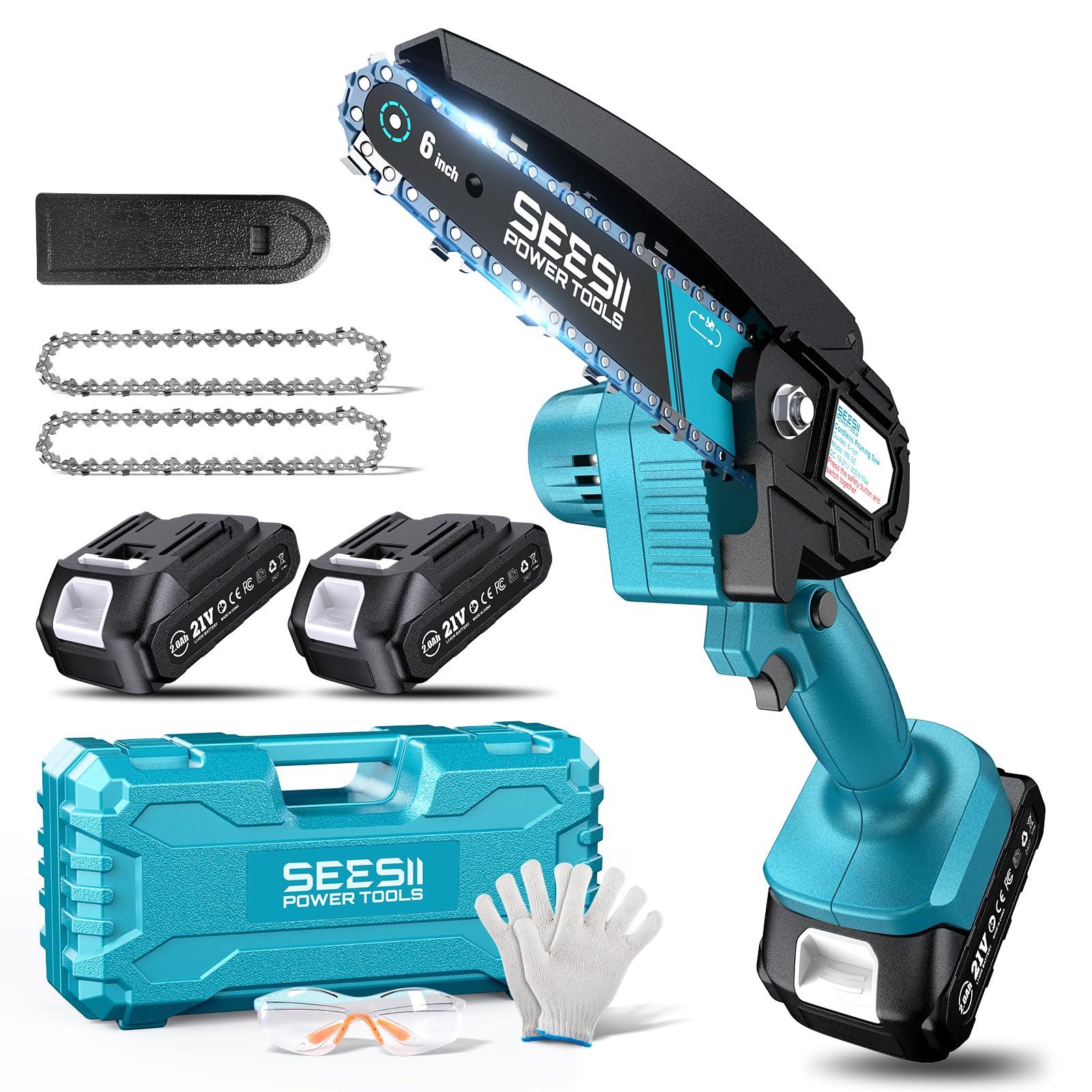 Photo 1 of Seesii Mini Chainsaw, 6-inch Mini Chainsaw Cordless, Handheld Electric Power Chain Saw with 2 Batteries, for Tree Trimming Wood Cutting, Best Gifts for Father, Dad, Husband, Men
