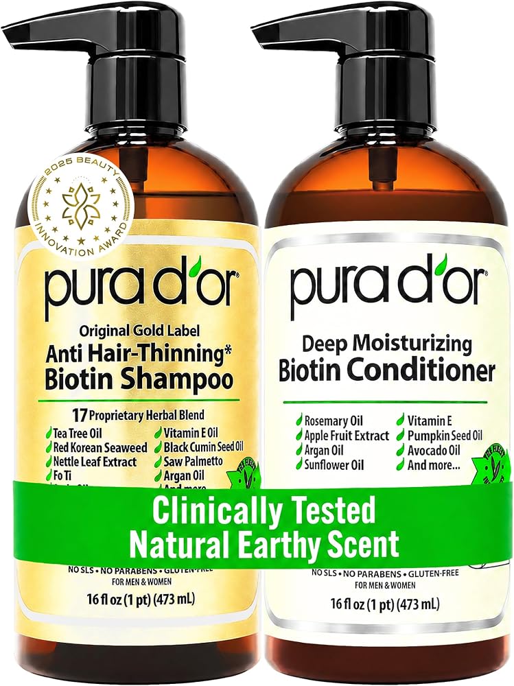 PURA D'OR Gold Label Anti-Thinning Biotin Shampoo & Conditioner, 16oz x2 | Thicker-Looking Hair, Clinically Tested, Botanical