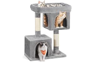 Feandrea Cat Tree, 33.1-Inch Cat Tower, Plush Condo for Large Cats up to 16 lb, Large Perch, 2 Caves, Scratching Post, Light Gray UPCT61W