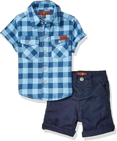 7 For All Mankind Baby Boys Sleeve Plaid Sport Shirt and Twill Short Set, Little Boy Blue 