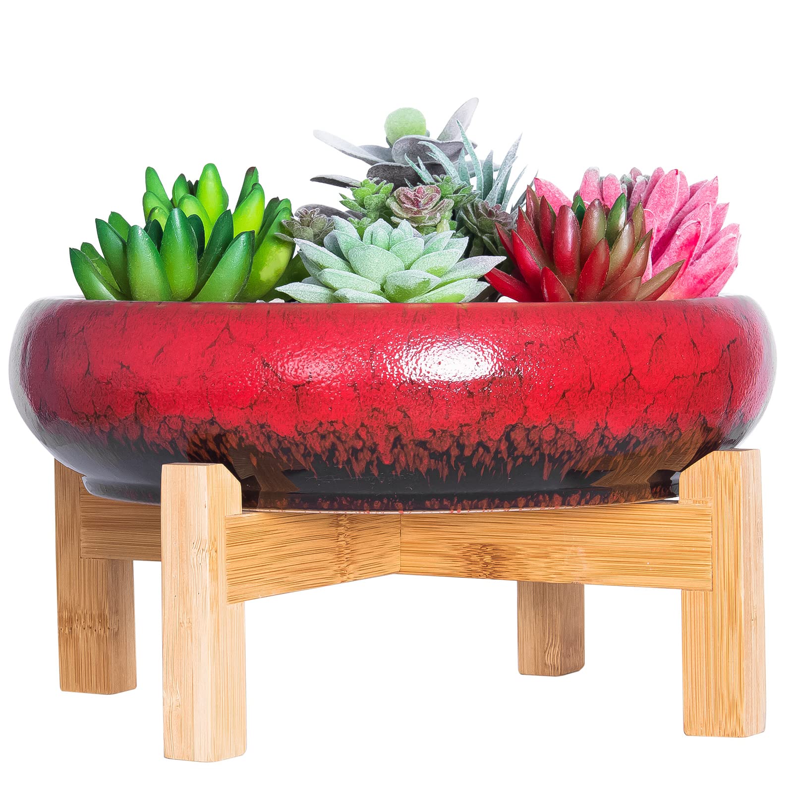 ARTKETTY Succulent Plant Pot - Large Bonsai Pot with Stand Shallow Cactus Plant Pot with Mess Drainage Screen, 25.4 CM Ceramic Flower Plant Container Bowl for Indoor/Outdoor (Red)