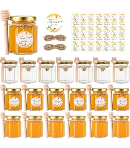 12 Pack 16 Oz Hexagon Honey Jars With Golden Lids & Wooden Dippers - Complete Set For Wedding Favors & DIY Canning