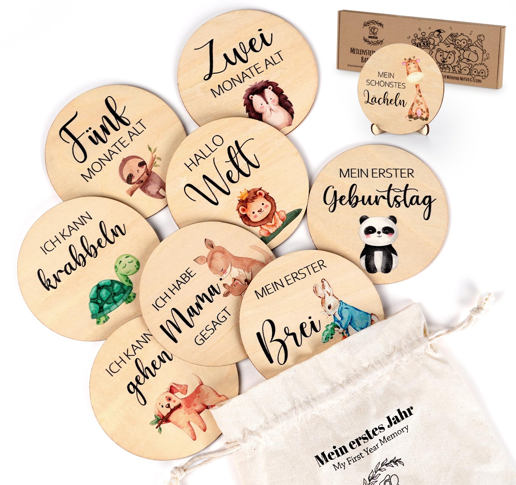 Milestone Cards Baby Wooden Printed with Coloured Animals - 30 Milestones Made of Natural Basswood as a Memory Gift for Birth Baby Shower for Pregnant Women, Expecting Mothers & Parents