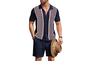 COOFANDY Men's 2 Piece Outfit Vintage Short Sleeve Button Down Knit Polo Shirts Casual Beach Shorts Sets
