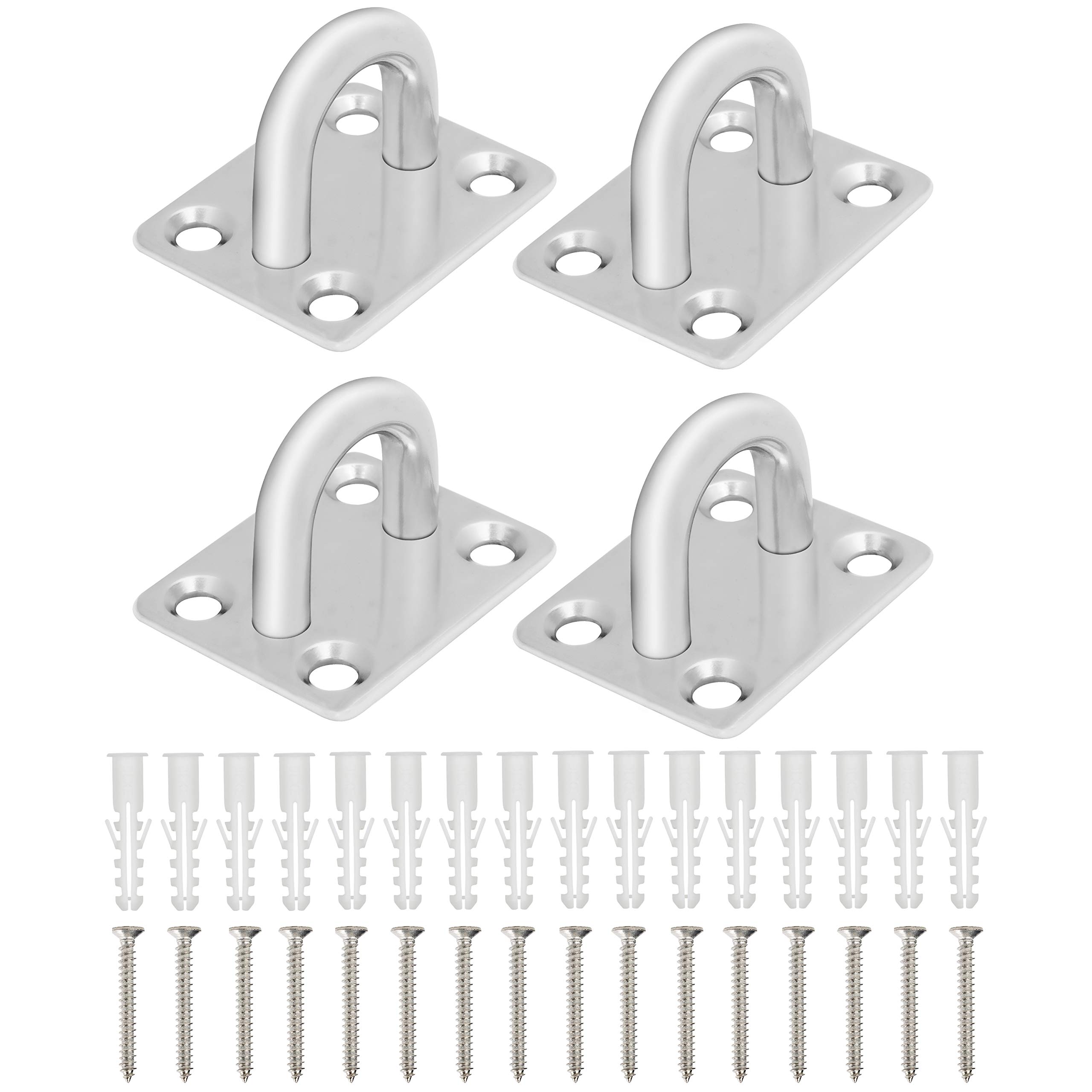 BELLE VOUS 4 Pack M8 Stainless Steel Pad Eye Plate Hooks with Screws - Heavy Duty U-Shaped Wall/Ceiling Mount Rectangle Staple Hook (40 x 50mm) - Holds up to 200kg - Hardware Ring Hooks for Hanging