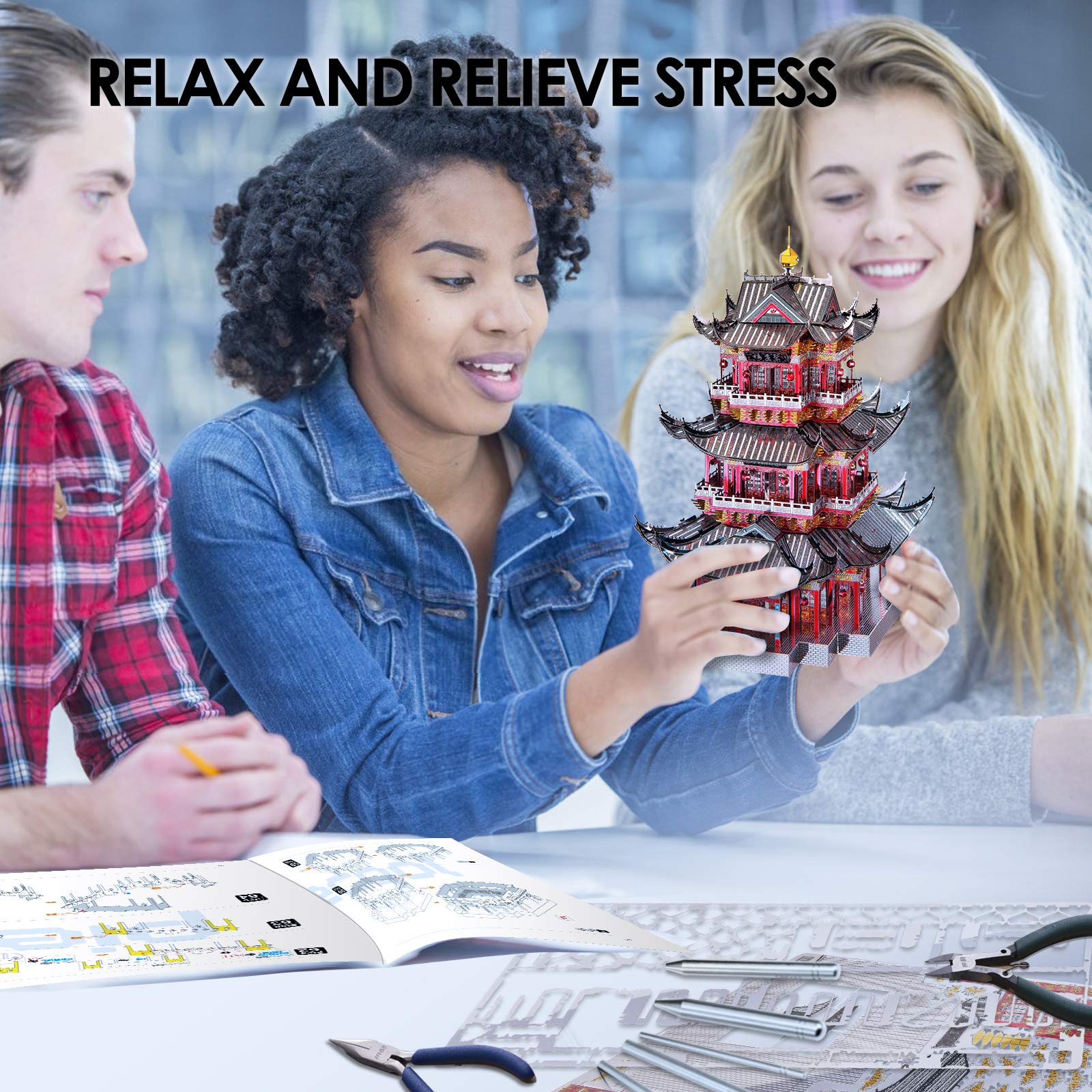Piececool 3D Metal Puzzle for Adults, Juyuan Tower Metal Model Kits, Chinese Ancient Architecture Building Puzzles, Brain Teaser DIY Craft Toys Gifts - 303 Pcs