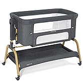 ANGELBLISS 3 in 1 Baby Bassinet, Rocking Bassinets Bedside Sleeper with Comfy Mattress and Wheels, 6 Height Adjustable Easy Folding Portable Bedside Crib for Newborn Infant (Dark Grey)