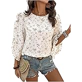 SOLY HUX Women's Floral Print Blouse Ruffle 3/4 Sleeve Crewneck Boho Vacation Summer Tops